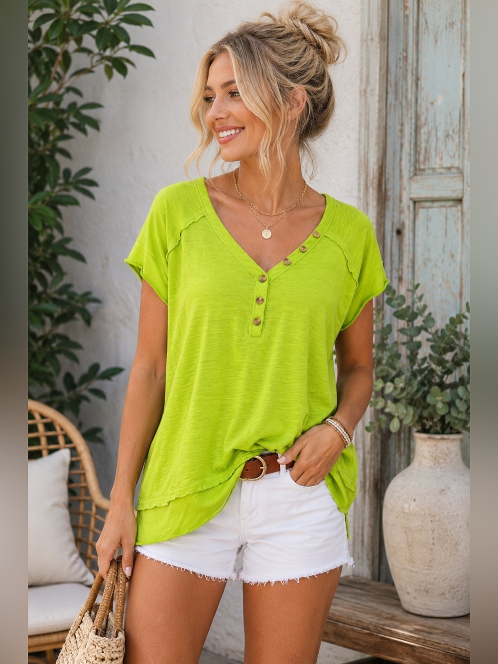 Westbound Lime Green V-Neck Henley Top Size M | Raw Edge Cotton